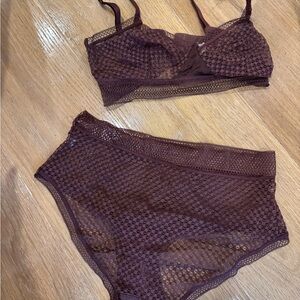 Else Sheer Lace Bralette & High-Waist Brief Set - Burgundy Plum Merlot
